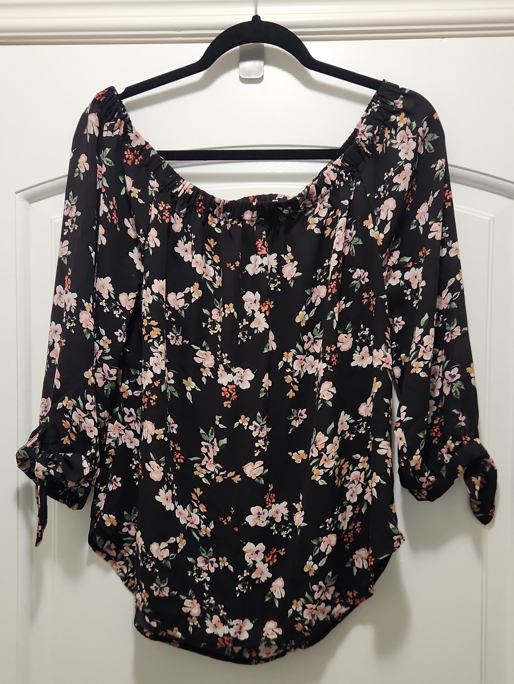 Black Pink Floral Off-Shoulder Blouse with Tie Sleeves